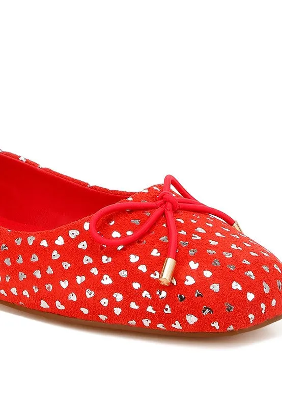 Bow Detail Embossed Suede Ballerinas