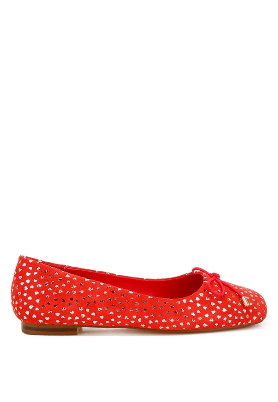 Bow Detail Embossed Suede Ballerinas