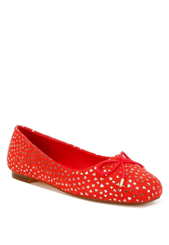 Bow Detail Embossed Suede Ballerinas